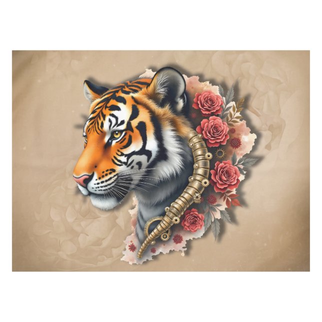 Toalha De Mesa Tigre Steampunk com Ilustração de Rosas. (Frente (Horizontal))