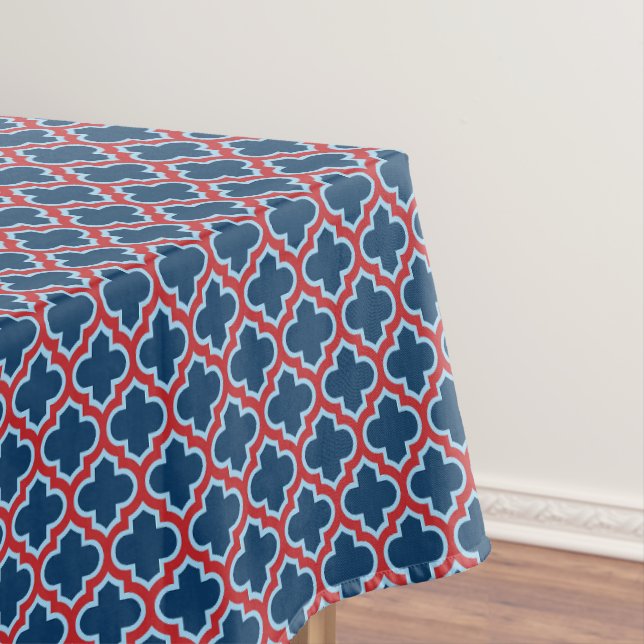 Toalha De Mesa Trellis, Latice, Quatrefoil, azul e vermelho marro (Posição Original)