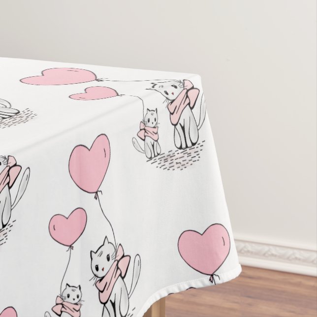 Toalha De Mesa Valentine's Day Tablecloth Cat Pink Hearts  (Posição Original)