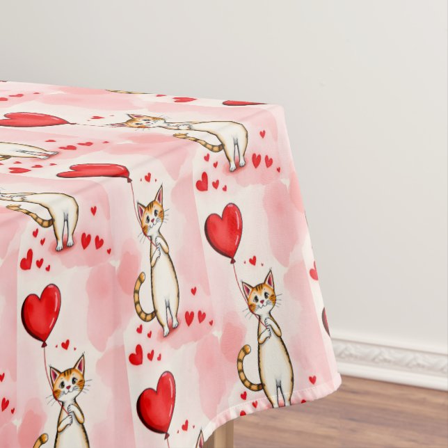 Toalha De Mesa Valentine's Day Tablecloth Cat Red Hearts  (Posição Original)