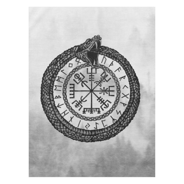 Toalha De Mesa Vegvisir com Ouroboros e runes - grayscale (Frente)