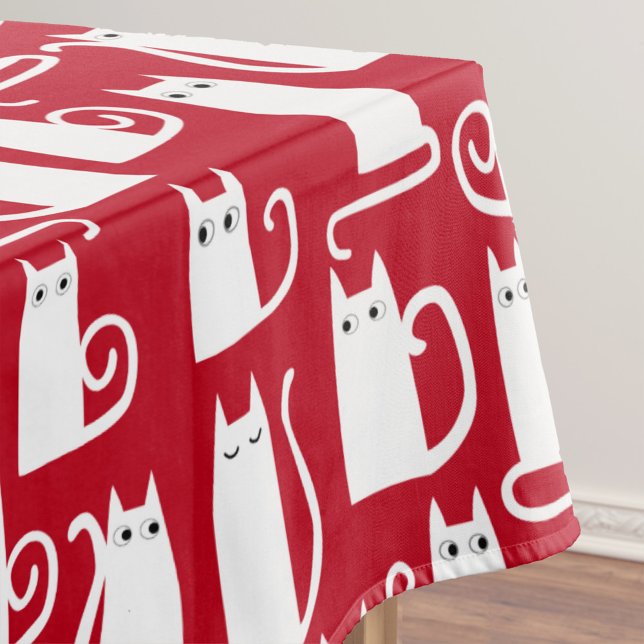 Toalha De Mesa Vermelho e Branco de Gato Cinto (Fun red and white kitty cat pattern festive tablecloth)
