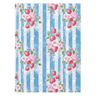 Toalha De Mesa Vintage Morangos e Blooms em Bandas Azuis