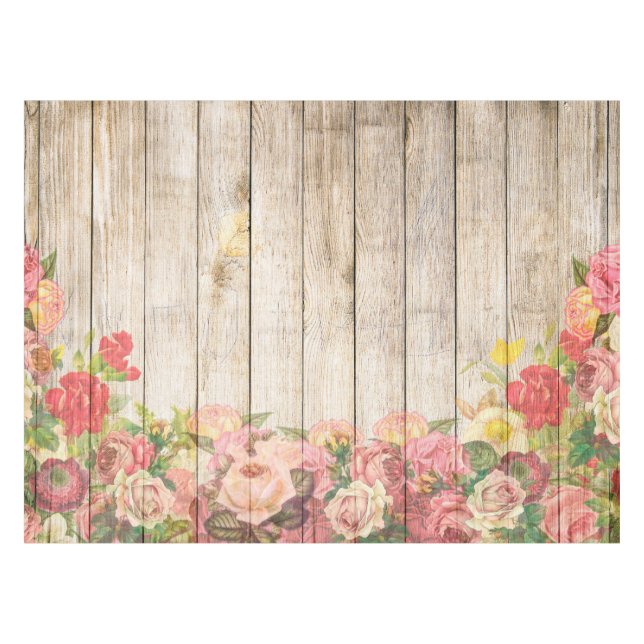 Toalha De Mesa Vintage Rosas Rústicos Românticos Madeira (Frente (Horizontal))