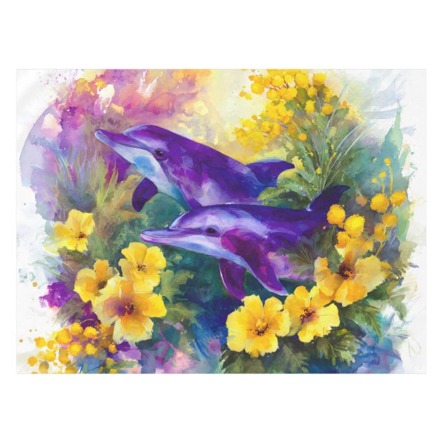 Toalha De Mesa Watercolor Ocean Dolphins Tropical Flowers (Frente (Horizontal))