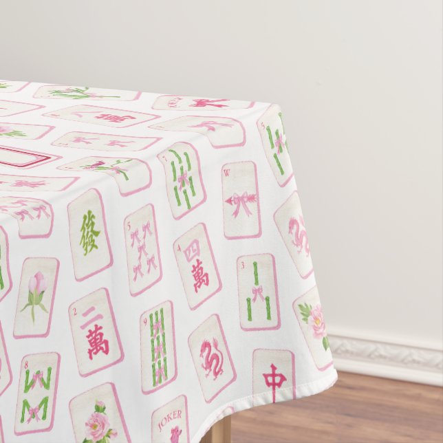 Toalha De Mesa Watercolor Pink & Green Bow Mahjong (Posição Original)