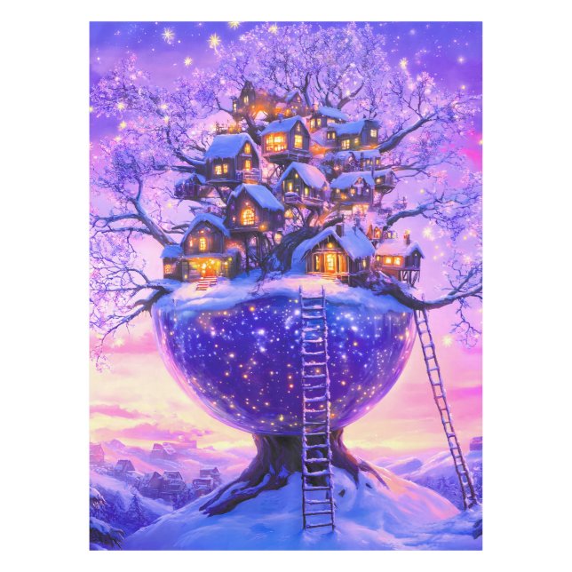 Toalha De Mesa Winter Fantasy Snowy Tree Village Landscape (Frente)