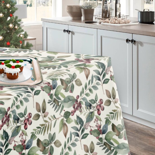 Toalha De Mesa Winter Greenery e Berries Rustic Christmas (An elegant festive tablecloth, with winter botanical pattern of green leaves and red berries)