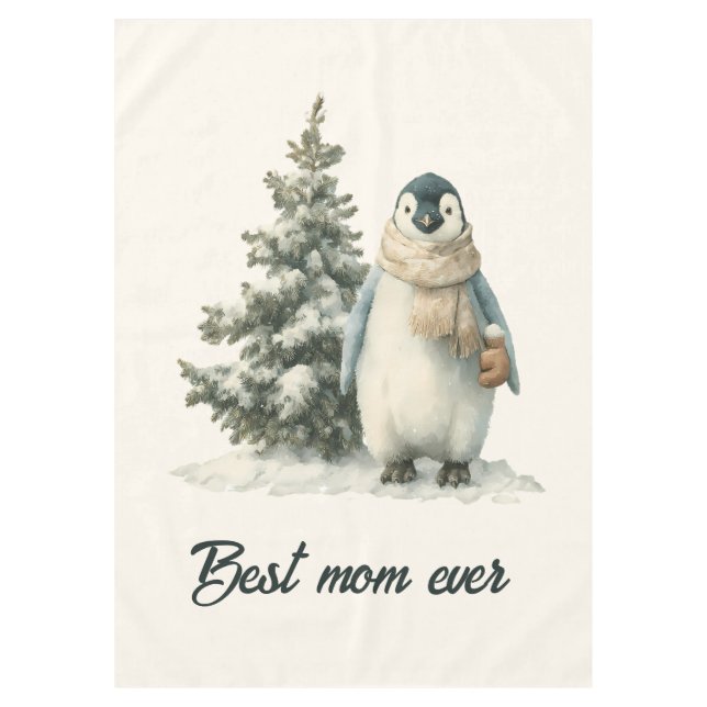 Toalha De Mesa Winter Penguin “Best Mom Ever” Design (Frente)