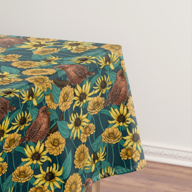 Toalha De Mesa Wrens and flowers on dark blue (Posição Original)