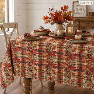 Toalha De Mesa Xadrez de Outono com Folhas e Bolotas