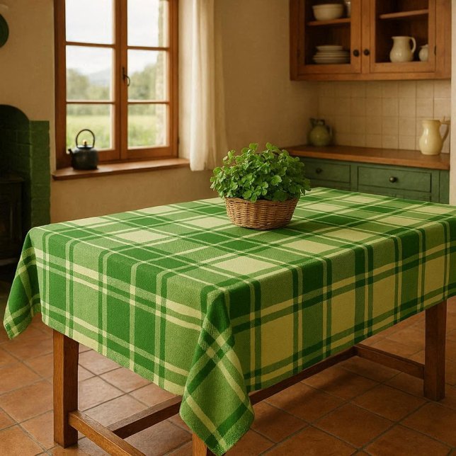 Toalha De Mesa Xadrez Verde e Branco Irlandês  (An Irish-inspired kitchen featuring a green plaid tablecloth and a basket of shamrocks)