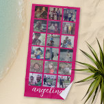 Toalha De Praia 18 Colagem de fotos com Script Grande e Rosa Quent<br><div class="desc">Use fotos recortadas para obter os melhores resultados! Carregue 18 fotos quadradas do seu telefone celular ou até mesmo do Instagram para fazer um visual personalizado impressionante para a sua casa. Você pode usar fotos de amigos ou animais de estimação e, em seguida, combinar com sua própria decoração mudando a...</div>
