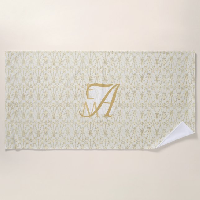 Toalha De Praia 3 Monogramas Art Deco Dourado Cream Newlyweds Deco (Frente)