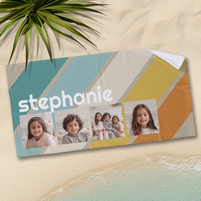 Toalha De Praia 4 Photo Retro stripe default funky name (Personalized beach towel with photos and text)