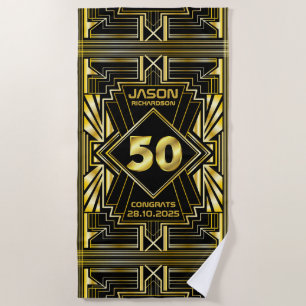 Toalha De Praia 50º aniversário Art Deco Dourado Excelente negro