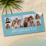 Toalha De Praia 6 Colagem de Fotos Texto de Script Personalizado A<br><div class="desc">Uma maneira divertida de mostrar fotos de amigos e familiares. Carregue até 6 fotos e adicione-as à colagem. O plano de fundo é azul claro, mas você pode alterar o plano de fundo quando clicar no link personalizar e escolher uma cor diferente. Você também pode adicionar um nome ou texto...</div>