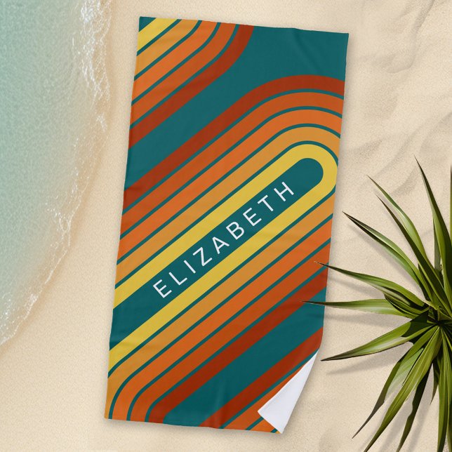 Toalha De Praia 70 Linha Inspirada Arca Vermelha Laranja Amarelo S (Personalized Beach Towel with Retro Stripes and Text)