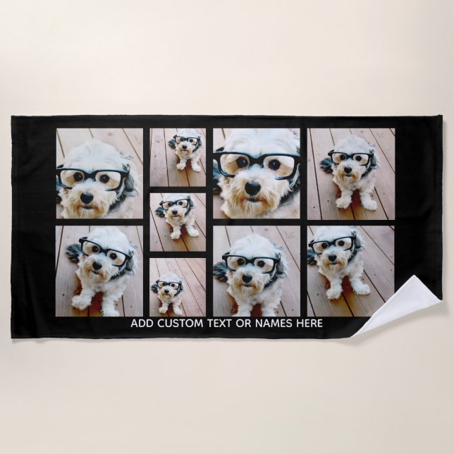 Toalha De Praia 9 Mínimo de Colagem de Fotos - Preto e Grade Branc (Frente)