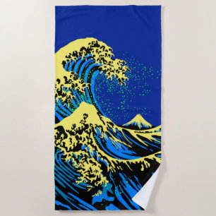 Toalha De Praia A grande onda de Hokusai no estilo amarelo azul do