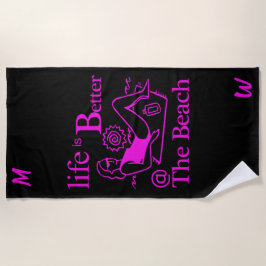 Toalha De Praia A vida é melhor na praia, preto rosa-quente