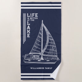 Toalha De Praia A vida é melhor no lago Família Marinho Azul Branc