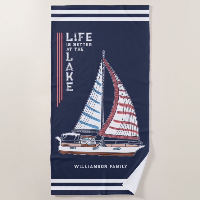 Toalha De Praia A vida é melhor no lago Marinho Blue (Frente)
