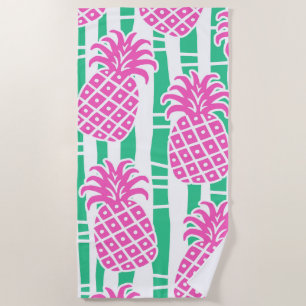 Toalha De Praia Abacaxi Bamboo Stripes Rosa e Verde Padrão