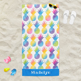 Toalha De Praia Abacaxi tropical Blue Watercolor Nome Personalizad