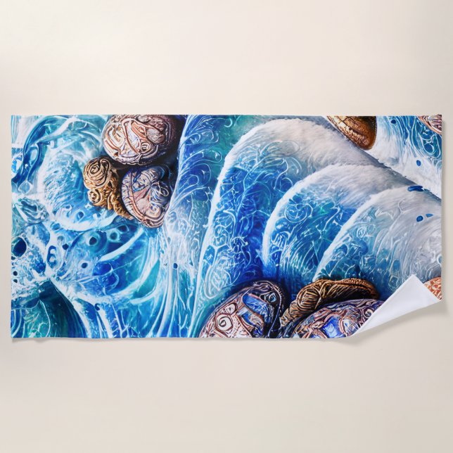 Toalha De Praia Abstrato Blue Ocean Wave Marble Agle Art Dourado (Frente)