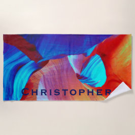 Toalha De Praia Abstrato vermelho e azul com nome azul