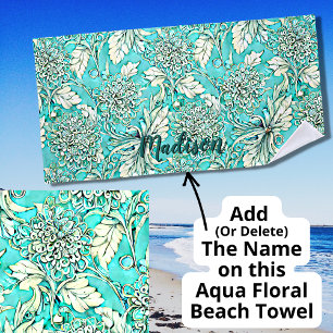 Toalha De Praia Add Name, Beautiful Lacy Light Teal Floral