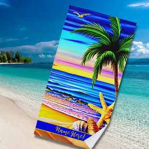 Toalha De Praia Add Name Colorful Beach Waves Palm Tree & Starfish