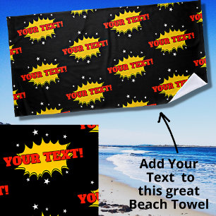 Toalha De Praia Add Name or Text Red Yellow Pop Art Burst on Black