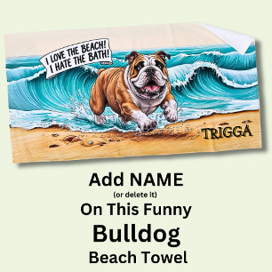 Toalha De Praia Adicionar nome, Cachorro Bulldog em Execução nas O