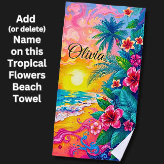 Toalha De Praia Adicionar nome Flores Tropicais Rosa no Sunset