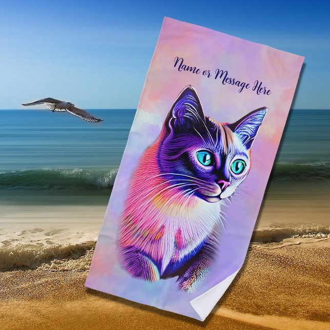 Toalha De Praia Adicionar texto de nome, Pastéis pintados com gato (Criador carregado)