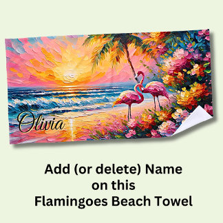 Toalha De Praia Adicione Nome Beach Sunset Flamingoes Tropical Flo