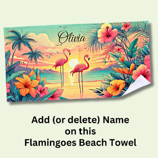 Toalha De Praia Adicione Nome Beach Sunset Flamingoes Tropical Flo