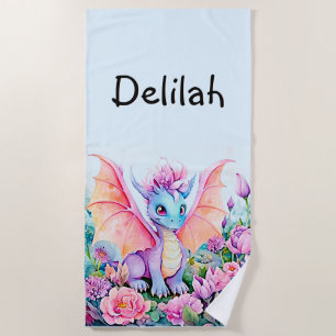 Toalha De Praia Adicione nome - Bebê Dragon Wings & Flowers em Azu