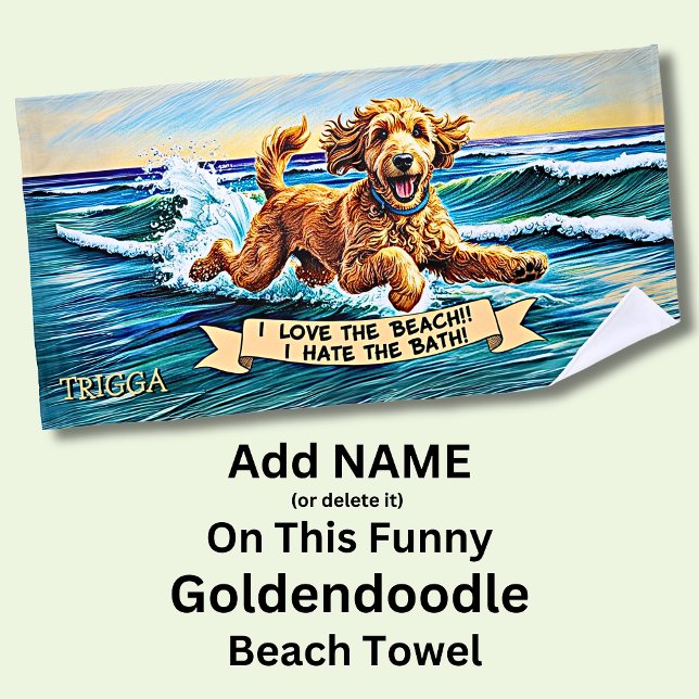 Toalha De Praia Adicione nome, Cachorro de Goldendoodle Splashing  (Criador carregado)