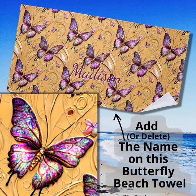 Toalha De Praia Adicione Nome, Fantasy Butterfly Mauve Iridescent (Criador carregado)