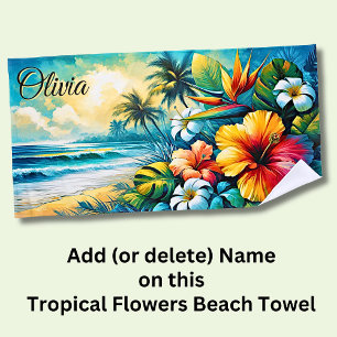 Toalha De Praia Adicione nome Flores Tropicais Cor-de-Rosa Laranja