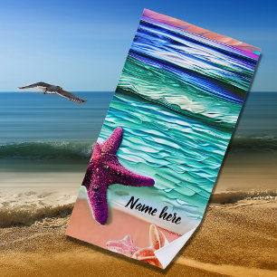 Toalha De Praia Adicione nome, Ondas do Oceano e Peixes de Estrela