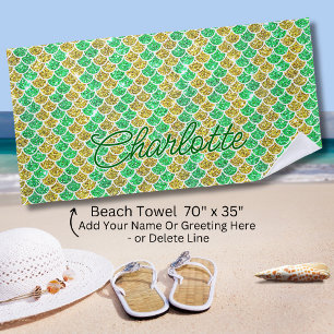 Toalha De Praia Adicione Nome Verde e Dourada Scales Beach Toel