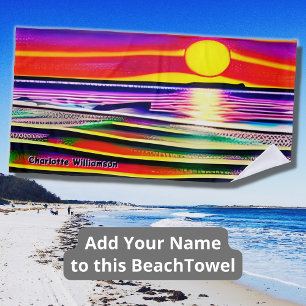 Toalha De Praia Adicione o nome, Crayon desenhando um Sunset Color