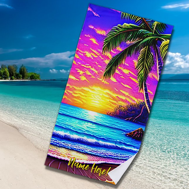 Toalha De Praia Adicione o nome, Stylizlized Beach Sunset com Palm (Criador carregado)