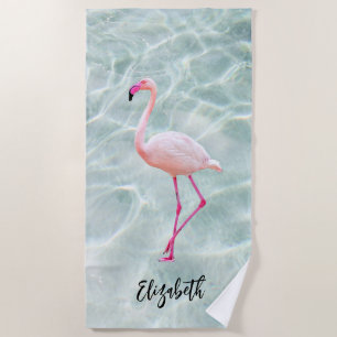 Toalha De Praia Adicione Seu Nome - Flamingo Rosa Tropical Sandy