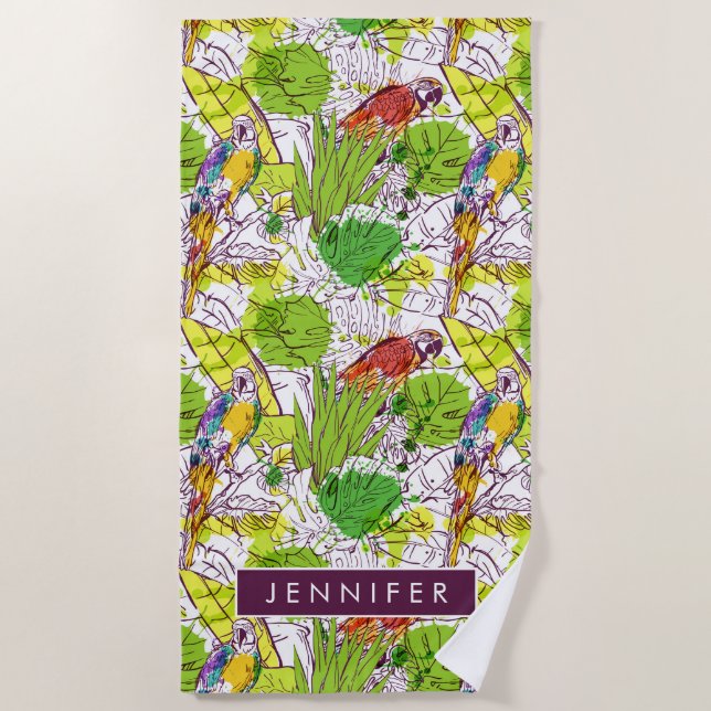 Toalha De Praia Adicione seus papagaios | tropicais conhecidos (Frente)