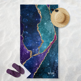 Toalha De Praia Ágata Azul Roxo Água-Marinha Dourado Veias Monogra